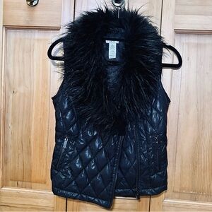 Cache Black Quilted Puffer Vest Faux Fur Collar Size Small #6
